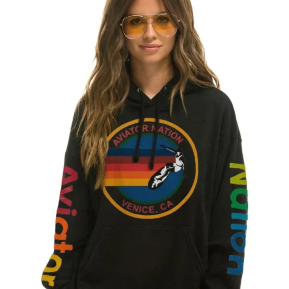 Aviator Nation Blue Hoodie with Rainbow Logo